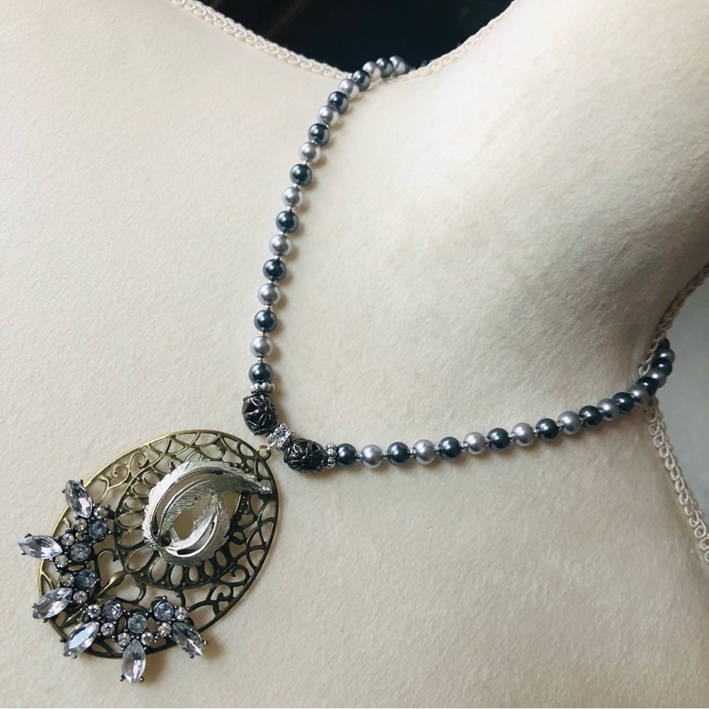 Handcrafted repurpose large filigree stone pendant Czech glass Pearl necklace